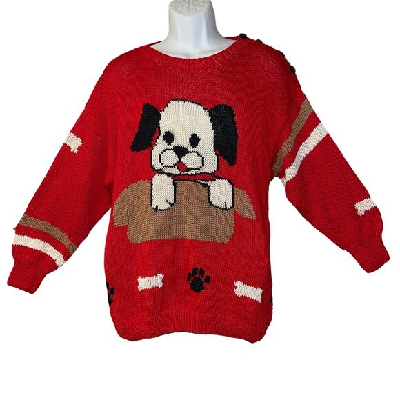 VINTAGE 80s Lynn Tyler Hand Knit Puppy Sweater Size XL - Picture 1 of 5